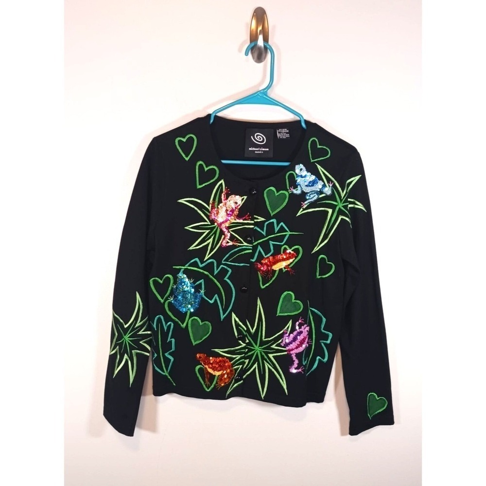 Michael Simon Sequin Frog Cardigan Womens S Vintage Novelty Sweater 2003